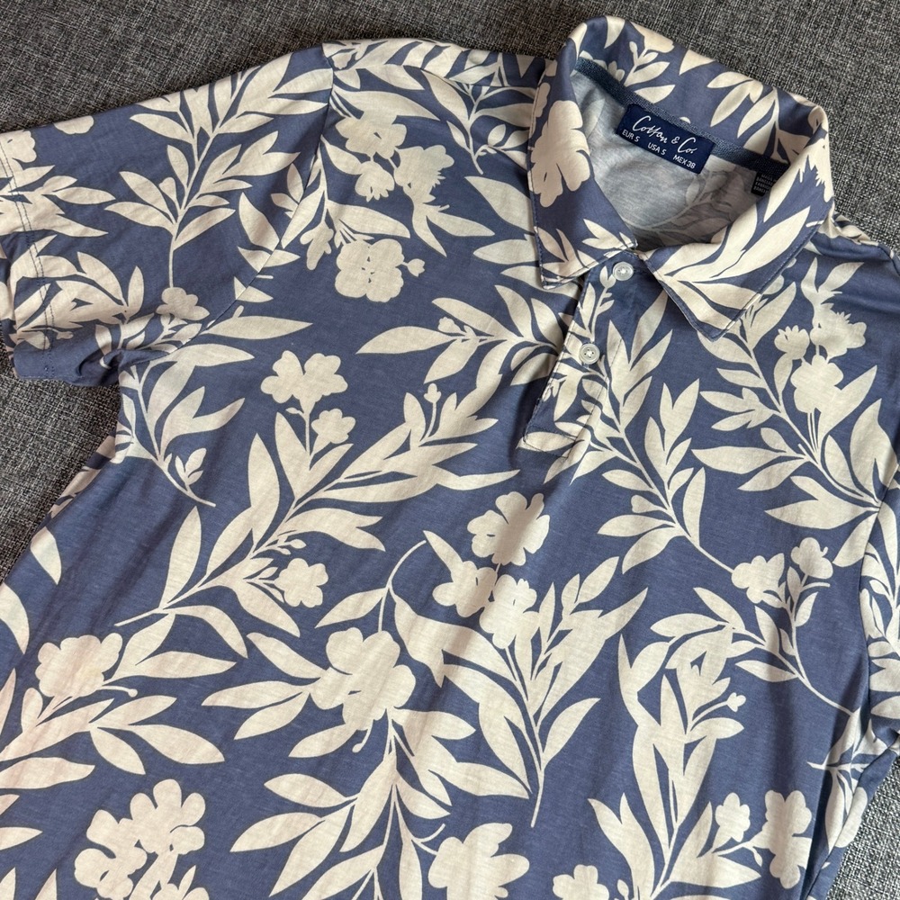 Cotton & Co. Hawaiian Polo Shirt Mens | Size S | Blue White Floral Short Sleeve